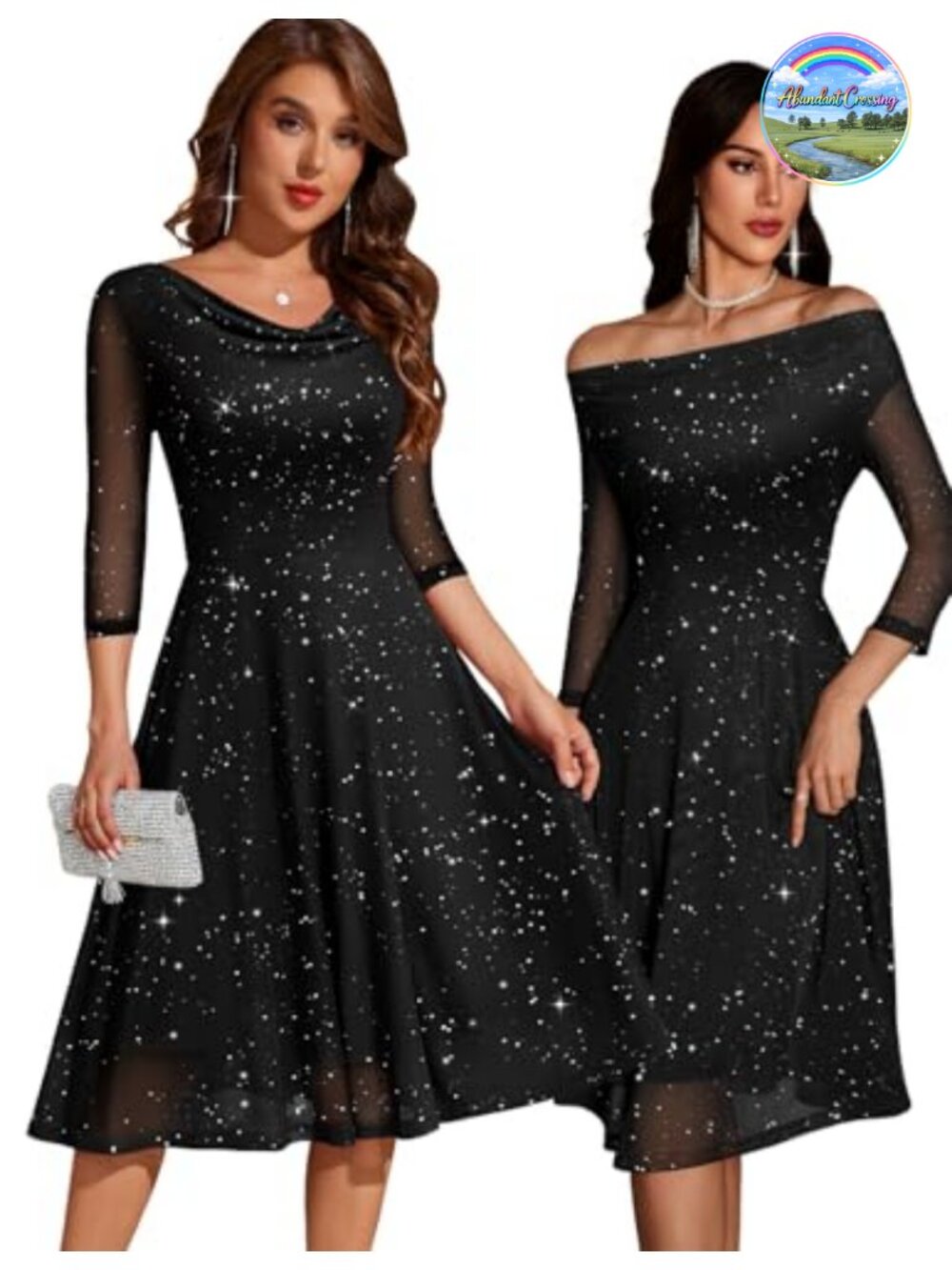 Sequin Cowl Neck Midi Cocktail Dress for Women Wedding Guest Formal A-Line Mesh